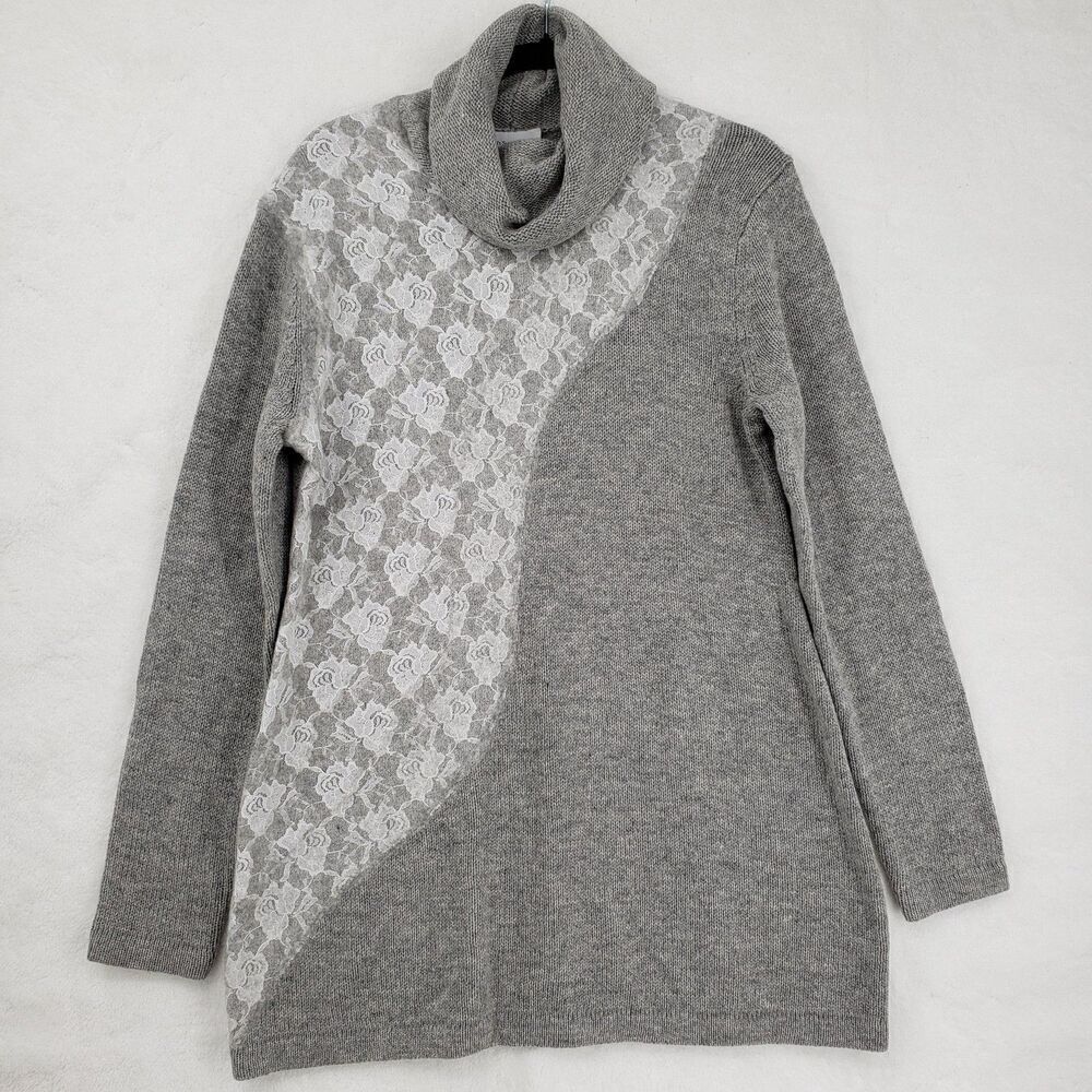 NWT Soft Surroundings Sweater Women Med Gray Lace Wool Blend Cowl Neck Pullover